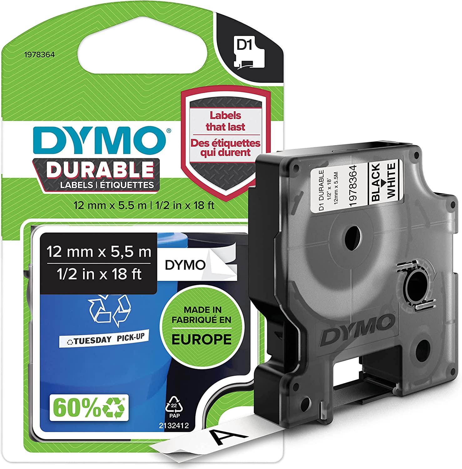 Dymo 1978364 D1 Permanent Label Tape Black on White 1/2
