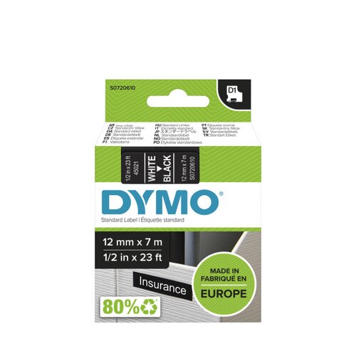 Ruban Dymo D1 (45021) 12mm x 7m Blanc sur noir pour LabelManager