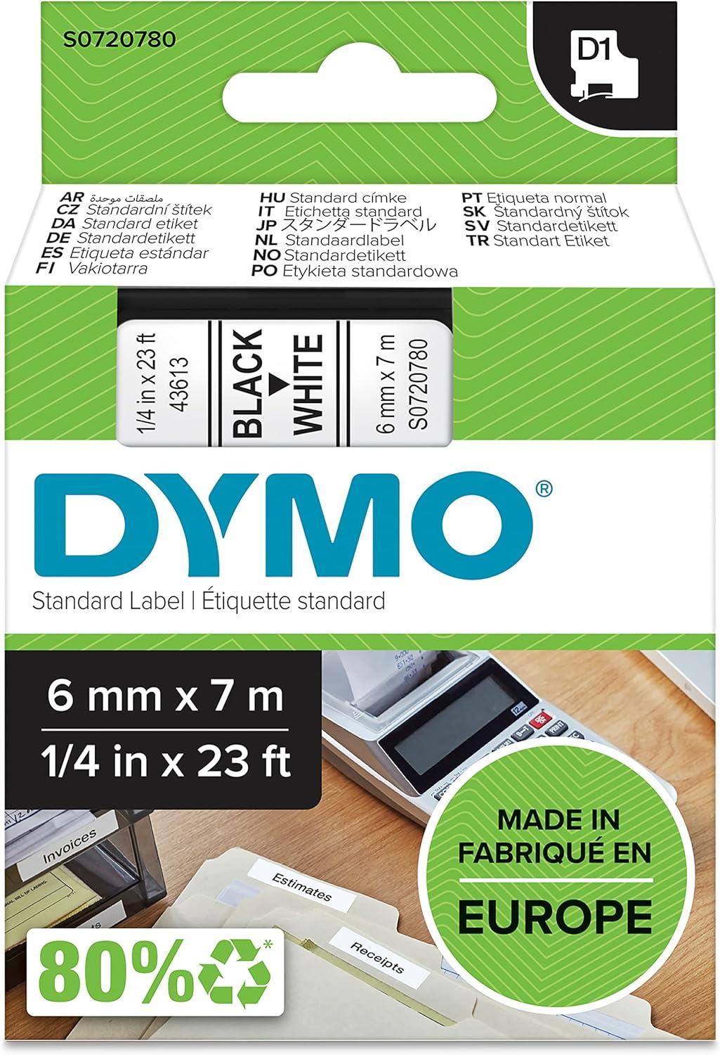 Dymo S0720780 / 43613 D1 Label Tape Black on White 1/4